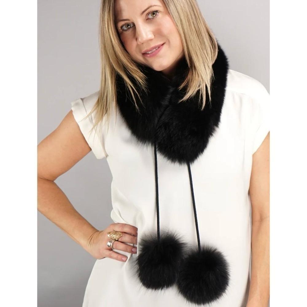 Black Mink Fur Scarf Collar with Pom Poms warm cozy soft Lola & Max Toni Plus